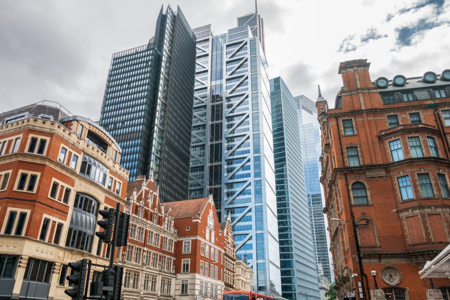 View of London City financial district with skyscrapers and old buildings, United Kingdom